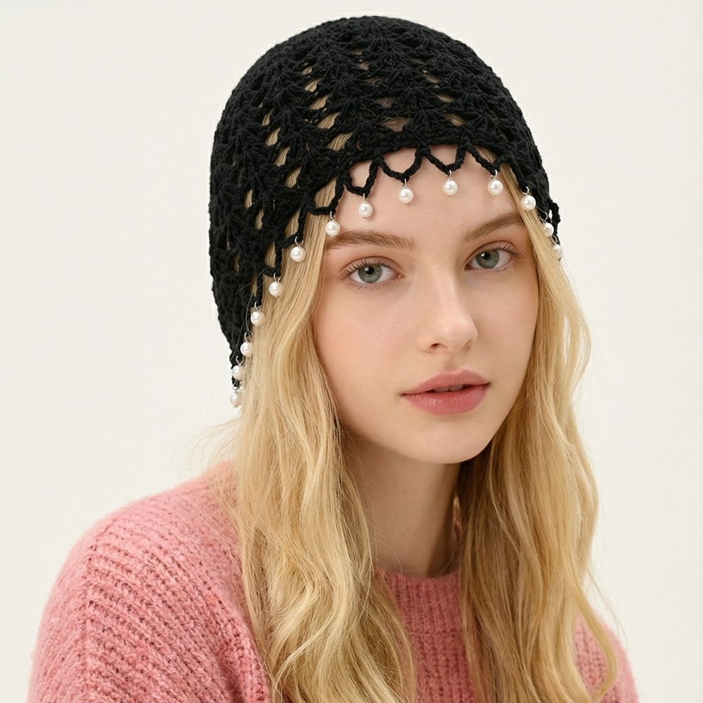 Black Crochet Beanie with Pearl Accents